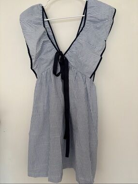 SHEIN Blue and White Striped Mini Dress with Navy Trim